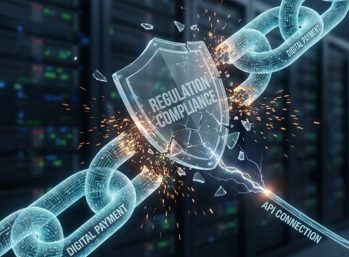 파란색 디지털 결제 연결 고리가 끊어지며, 규정 준수를 상징하는 방패가 조각나는 모습입니다.