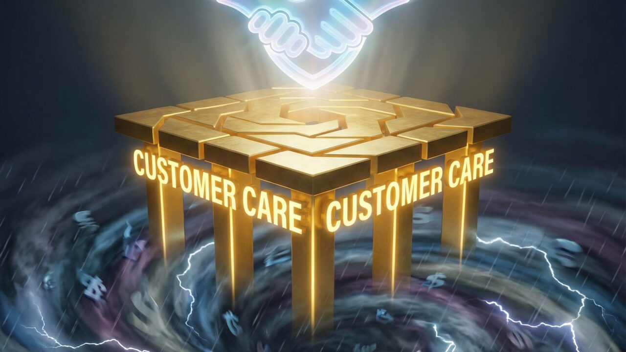 금색 기둥 위에 고객 관리 플랫폼이 세워져 있고, 그 아래 비용 절감 폭풍 속에서도 플랫폼 위의 신뢰