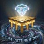 금색 기둥 위에 고객 관리 플랫폼이 세워져 있고, 그 아래 비용 절감 폭풍 속에서도 플랫폼 위의 신뢰