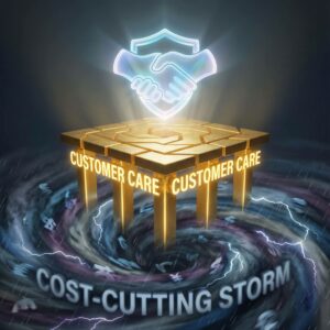 금색 기둥 위에 고객 관리 플랫폼이 세워져 있고, 그 아래 비용 절감 폭풍 속에서도 플랫폼 위의 신뢰