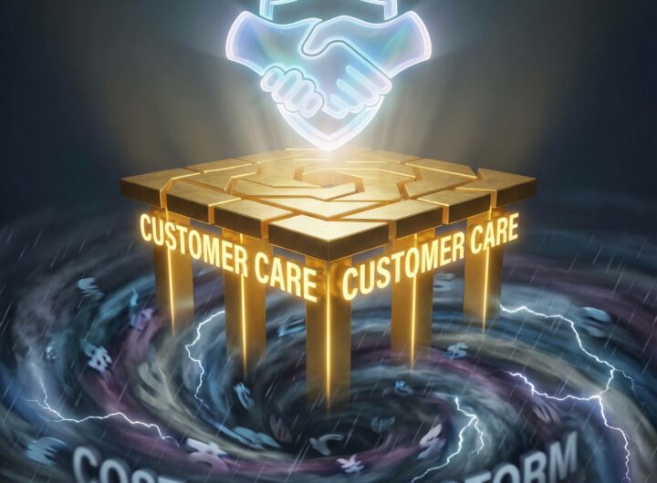 금색 기둥 위에 고객 관리 플랫폼이 세워져 있고, 그 아래 비용 절감 폭풍 속에서도 플랫폼 위의 신뢰