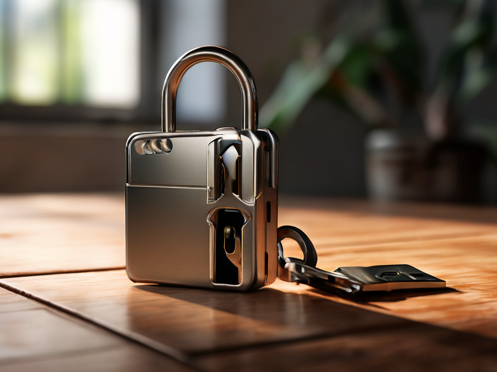 Metal lock and key case with blank security card on brushed metal surface for account recovery preparation.