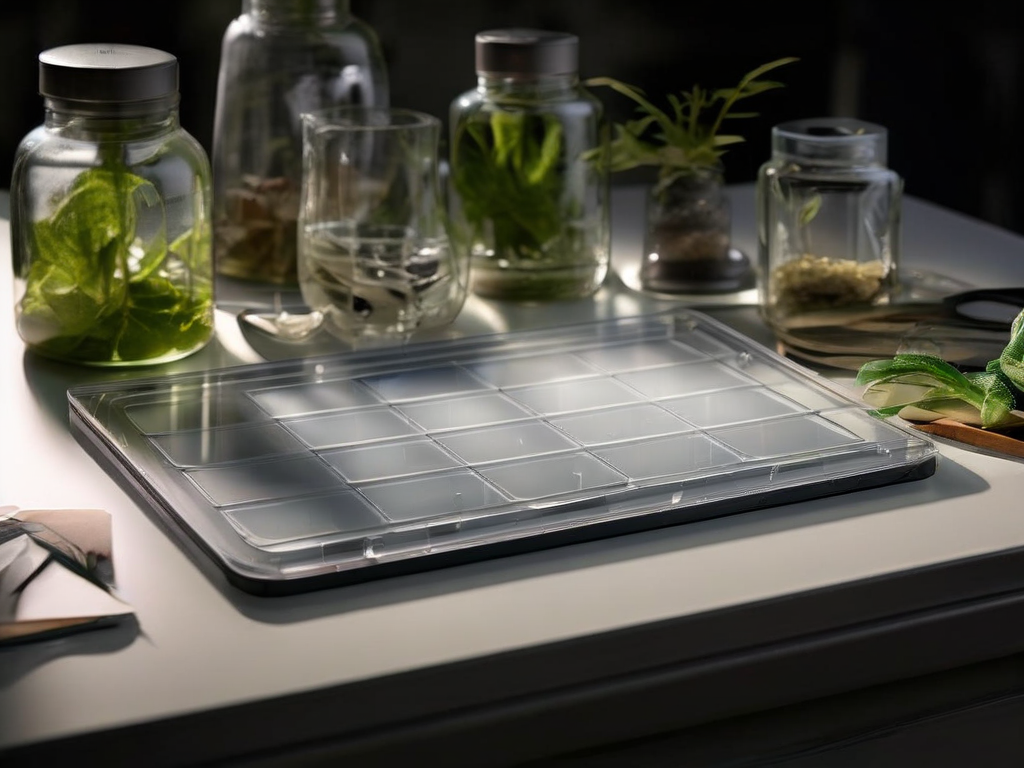 Clear plastic sheet protector holding aligned reference cards on acrylic tray, stone counter, soft studio light.