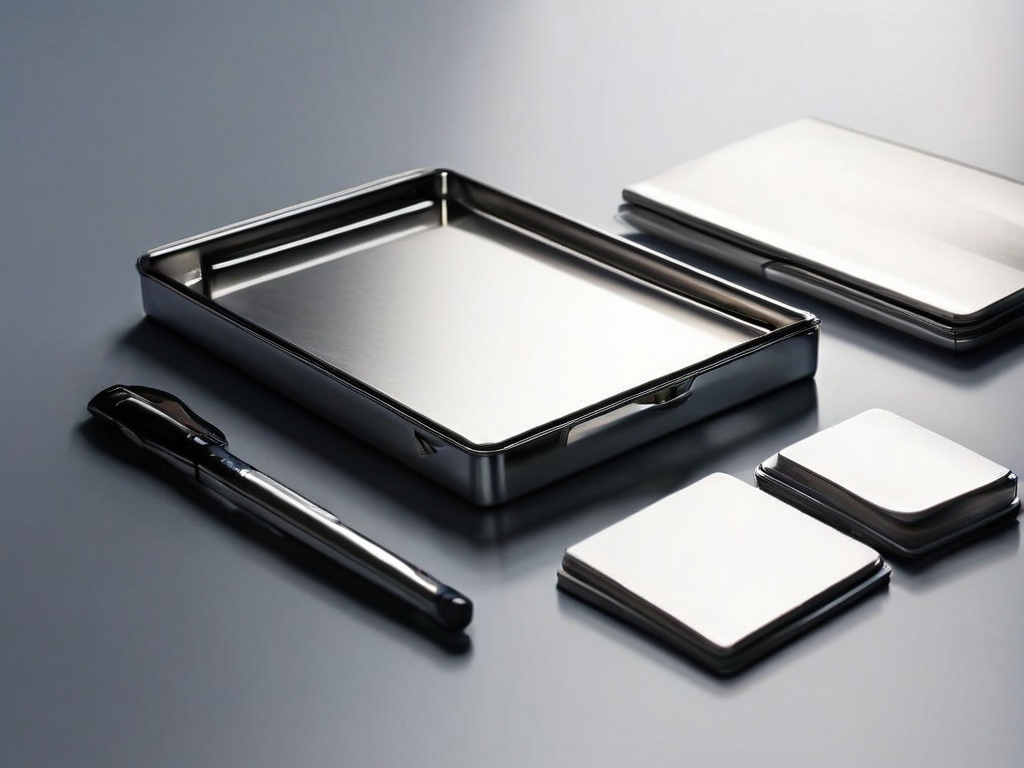 Blank divider cards and a compact storage tray on brushed metal, with morning light and soft shadows.