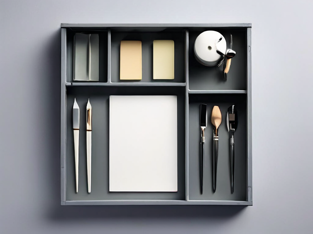 Adjustable divider cards and margin guides placed in a flat storage tray on a gray studio surface.