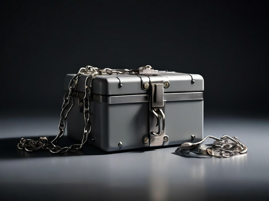 A sealed metal storage case with a short chain and three small block components on a gray studio surface.