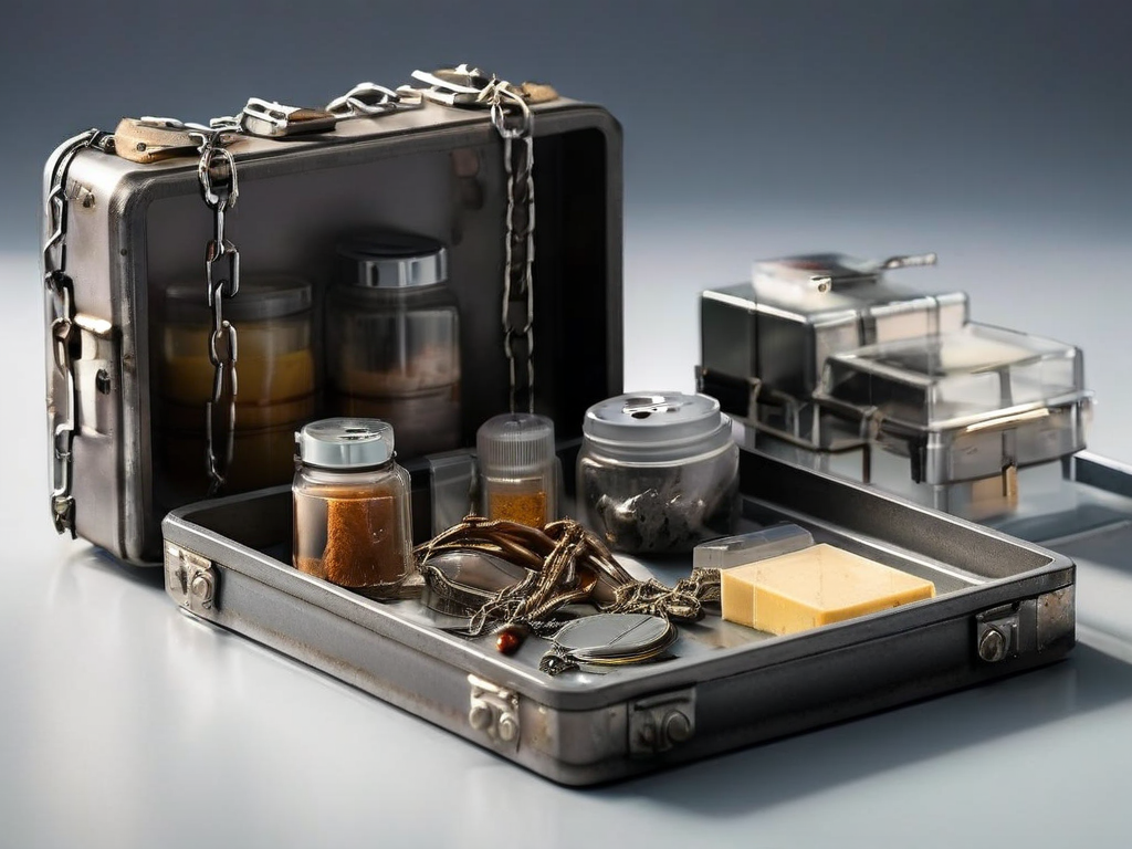 Secure storage case with chain and location-key blocks representing backup code safety.